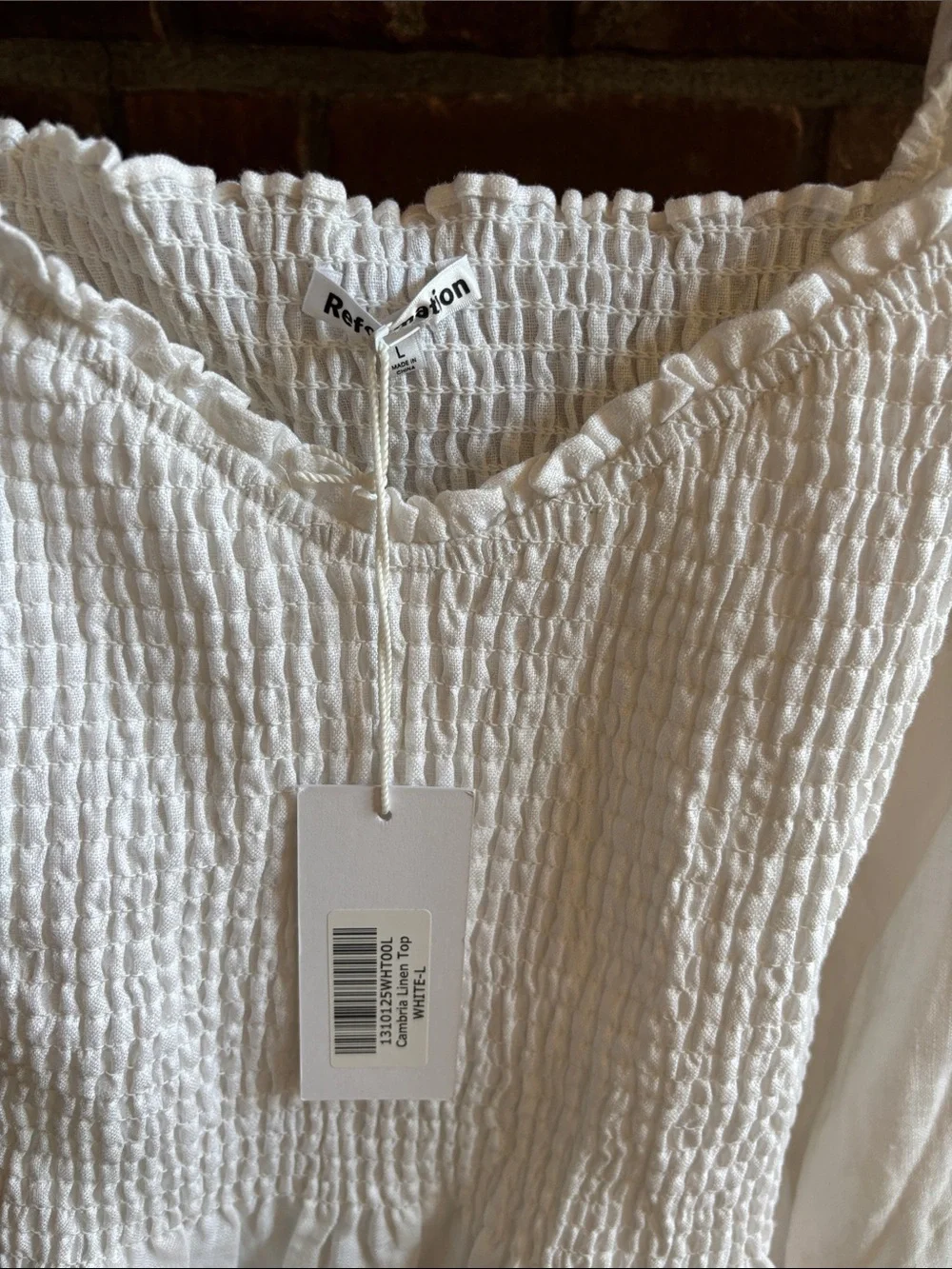 Reformation White Smocked Peplum Long-Sleeve Blouse